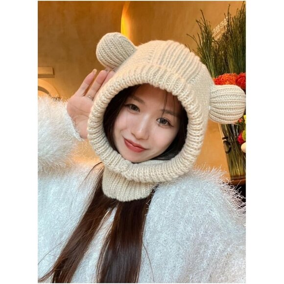 Women\'s Beige Cute Bear Balaclava Warm Hooded Scarf Beanie Hat Skull  Pullover main image 6